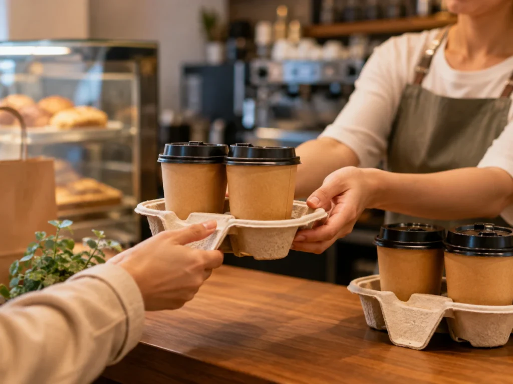 Molded pulp drink carriers used in coffee shops and cafés for takeaway coffee service