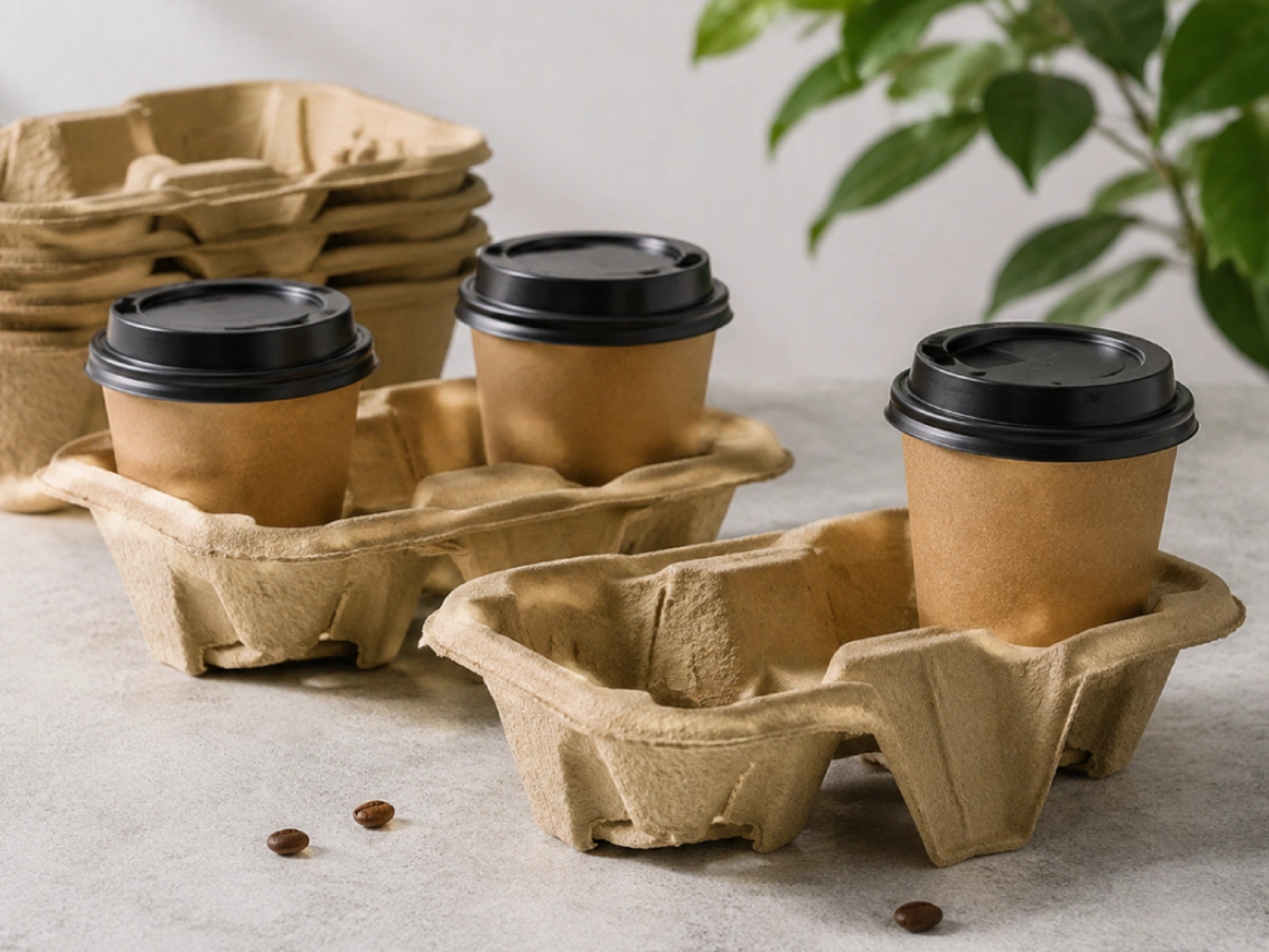 Molded pulp drink carriers for compostable coffee cup packaging