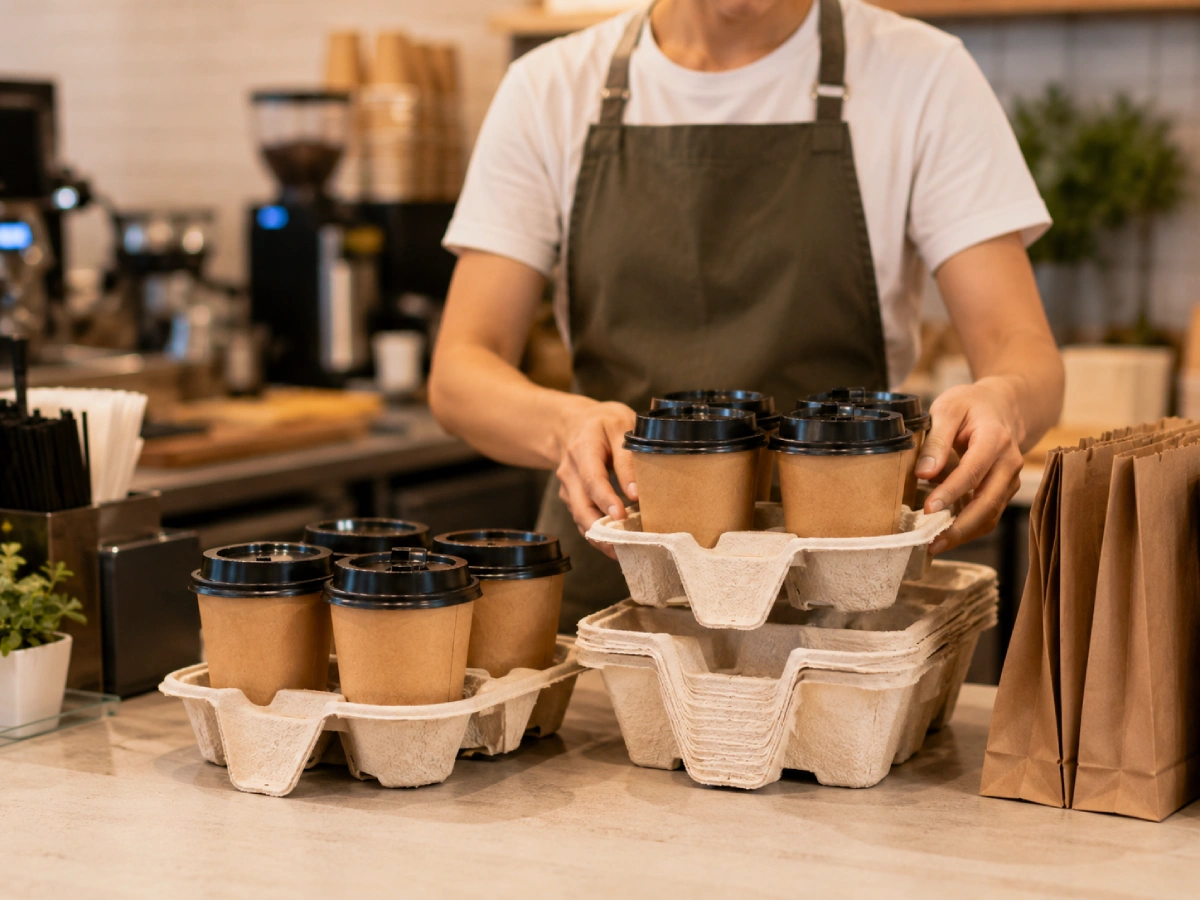 Molded pulp drink carriers for food delivery and catering