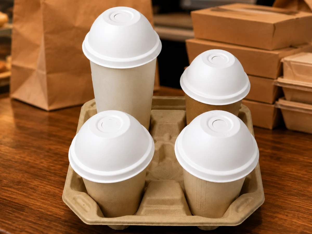 Molded pulp drink carriers for restaurants and takeaway services