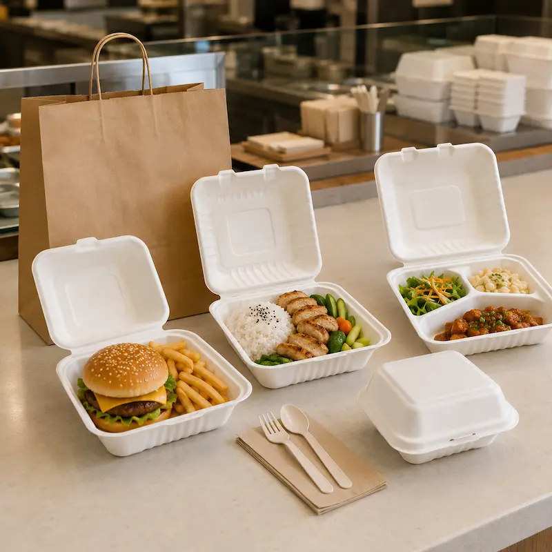 Molded pulp clamshell containers for restaurants and takeaway food packaging