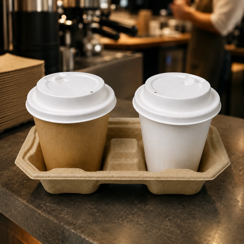 Premium molded pulp drink carriers for coffee shops