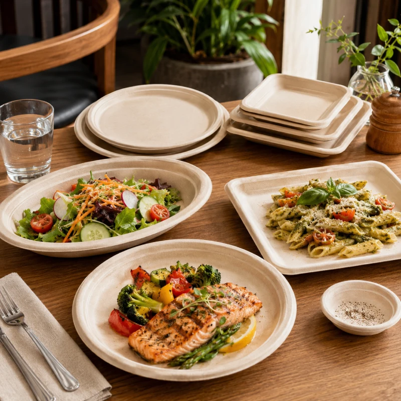 Sugarcane bagasse plates for restaurants, catering, and foodservice packaging