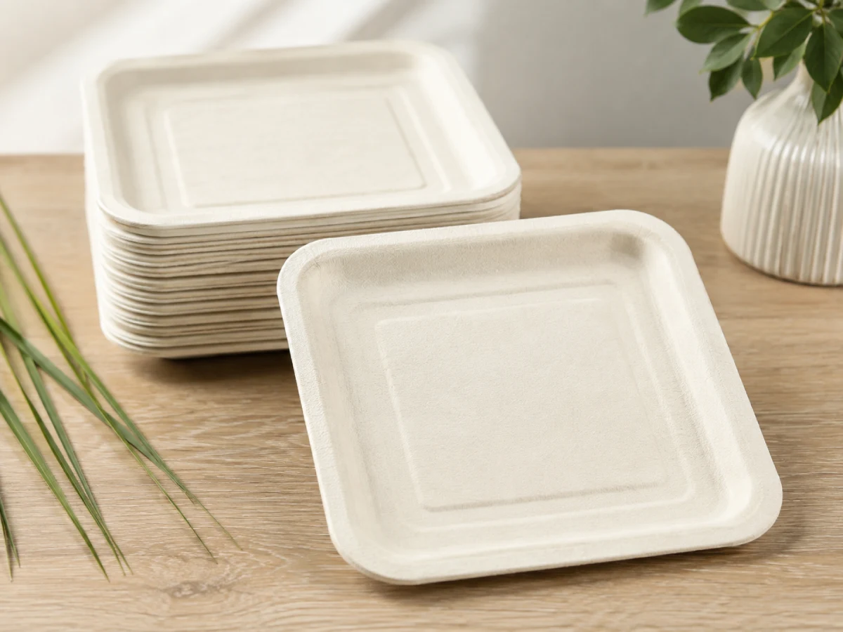 Compostable square sugarcane bagasse plates for modern foodservice applications