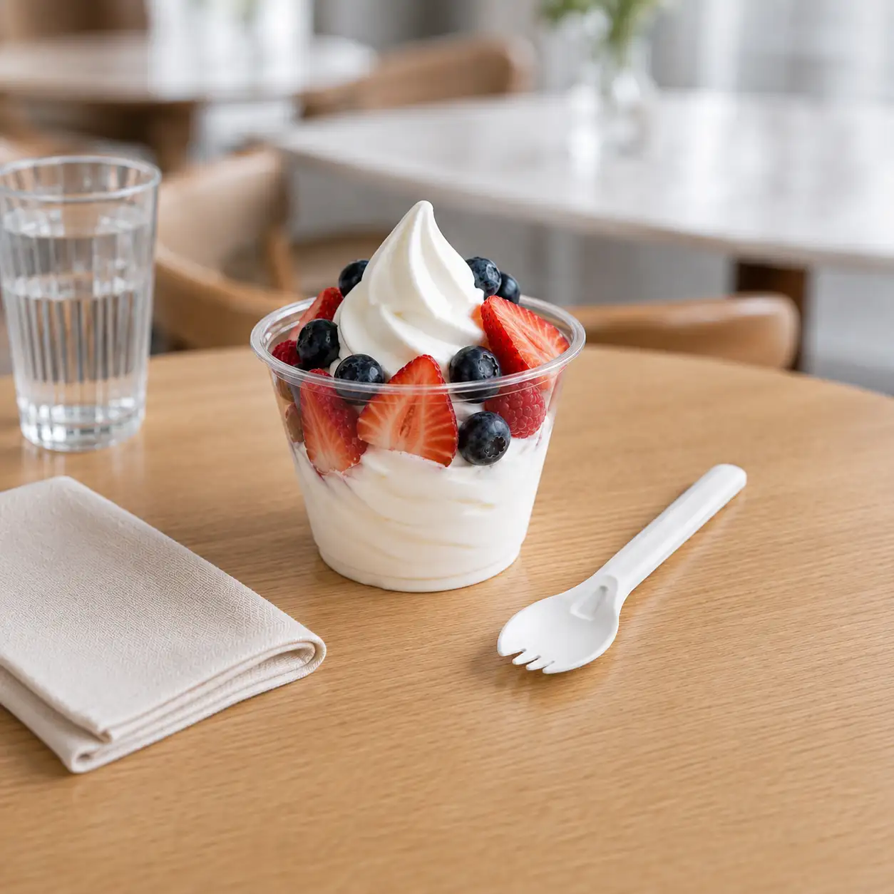 6-Inch Wide-Bowl Molded Fiber Spork for Frozen Desserts 6-Inch Wide-Bowl Molded Fiber Spork in white displayed beside a fruit-topped frozen yogurt cup in a café dessert setting