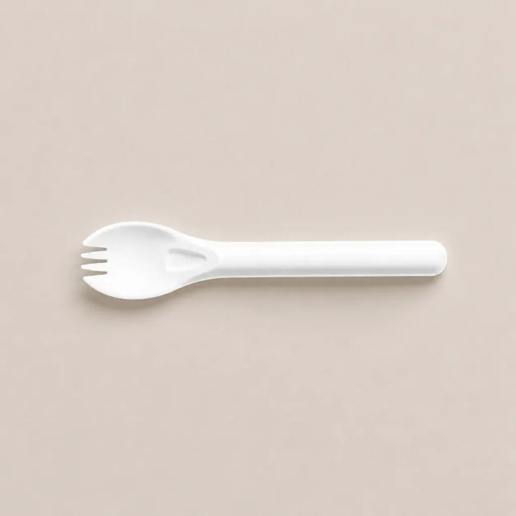 Horizontal top view of a white 6-Inch Wide-Bowl Molded Fiber Spork with a broad oval bowl, four short tines, reinforced neck, and rounded handle