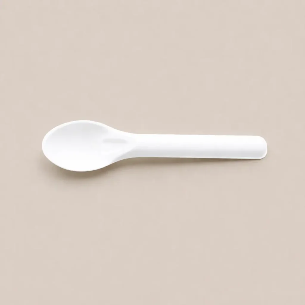Horizontal top view of a white 6-Inch Wide-Bowl Molded Fiber Spoon with a broad oval bowl, reinforced neck, straight handle, and rounded end