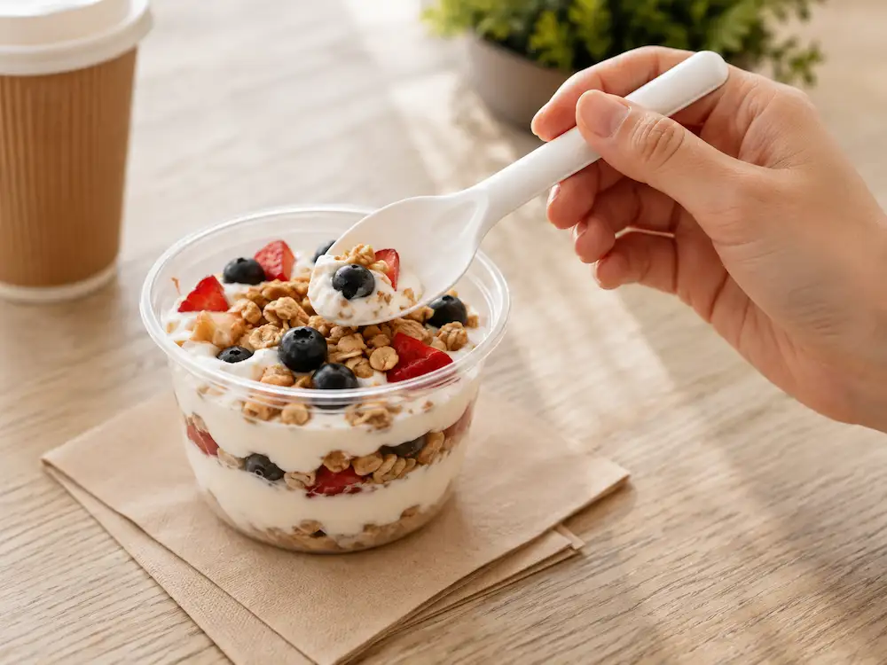 White 6-Inch Wide-Bowl Molded Fiber Spoon used with yogurt, granola, strawberries, and blueberries in a takeaway breakfast cup