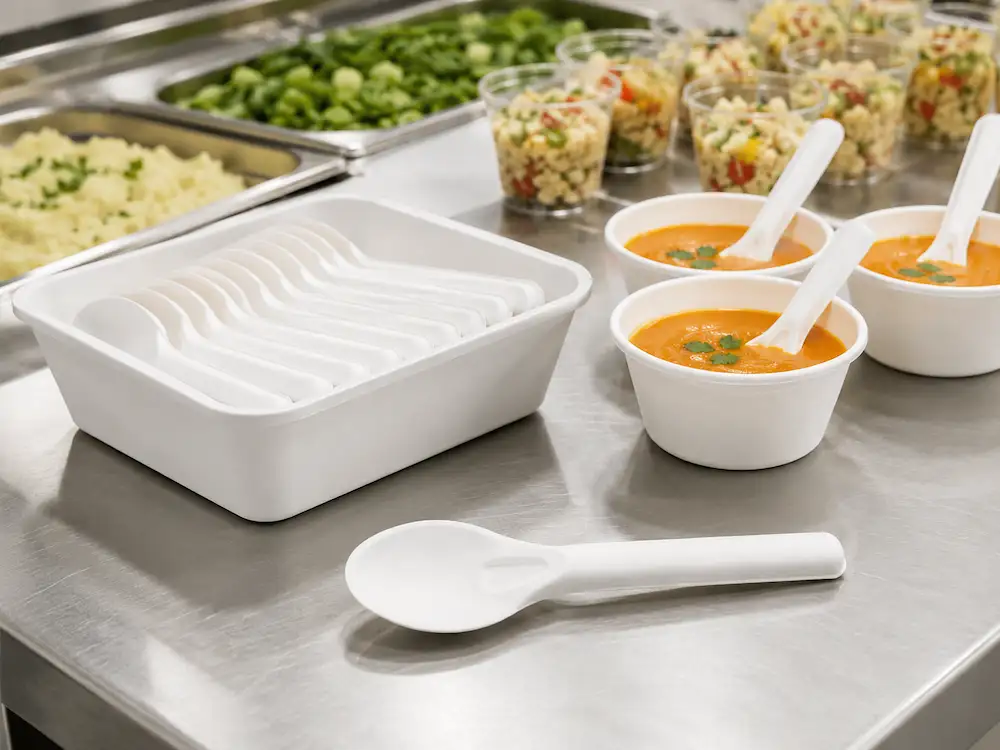 White 6-Inch Wide-Bowl Molded Fiber Spoons arranged for portioned soup service at a commercial catering station
