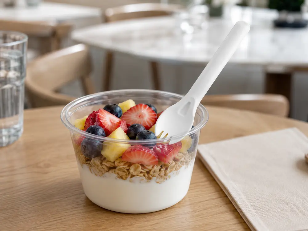 6-Inch Wide-Bowl Molded Fiber Spork in white used with yogurt, granola, strawberries, blueberries, and pineapple in a café breakfast setting