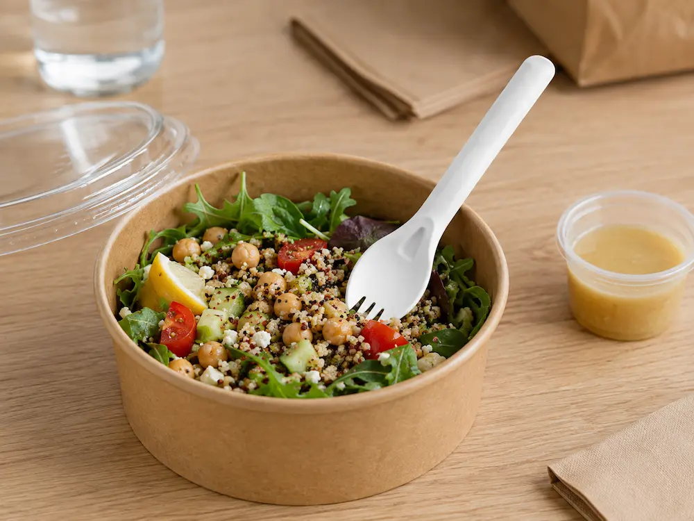 6-Inch Wide-Bowl Molded Fiber Spork in white used with a chickpea and grain salad served in a paper takeaway bowl