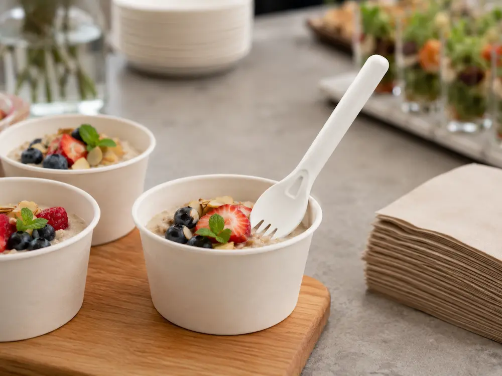 6-Inch Wide-Bowl Molded Fiber Spork in white used with oatmeal, berries, and almonds in a multi-portion breakfast catering setting