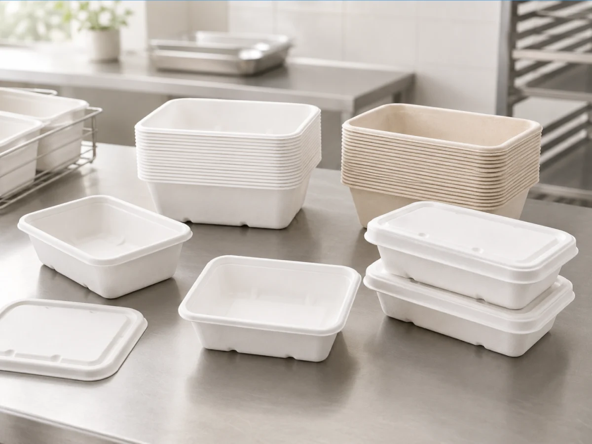 Rectangular molded pulp food containers for sustainable takeaway packaging